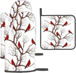 Winter Cardinal Birds Oven Mitts and Pot Holders Sets of 3 Kitchen Hot Pads Oven Gloves Heat Resistant Non Slip Washable for Cooking Grilling Bak