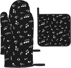 Music Notes Oven Mitts and Pot Holders Sets of 3 Black Hot Pads Musicial Oven Gloves Heat Resistant Non Slip Washable for Kitchen Cooking Grillin