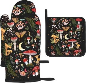 Mushroom Oven Mitts and Pot Holders Sets, Heat Resistant Black Hot Pads Witchy Oven Gloves for Cooking Grilling Baking Kitchen Decor Aesthetic