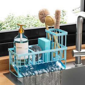 Blue Kitchen Sink Caddy Organzier with High Brush Holder, Sponge Holder for Sink, 304 Rustproof Stainless, Kitchen Countertop Soap Dispenser Orga