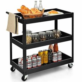 Steel Frame Kitchen Serving Utility Cart on Wheels with 2 Bottom Shelves (Color: Black)