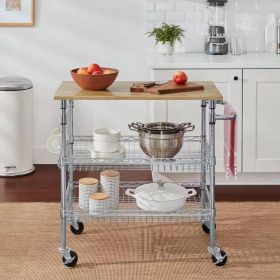 Kitchen Island Cart and 2 Bottom Storage Shelves on Wheels (Material: Wood Top)
