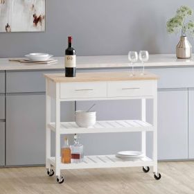 Modern Kitchen Island Cart with Wood Top 2 Drawers and 2 Bottom Shelves (Color: White)